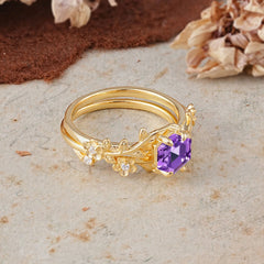 Naturalistic 4 - Prong Hexagon - Cut Natural Amethyst Ring Sets