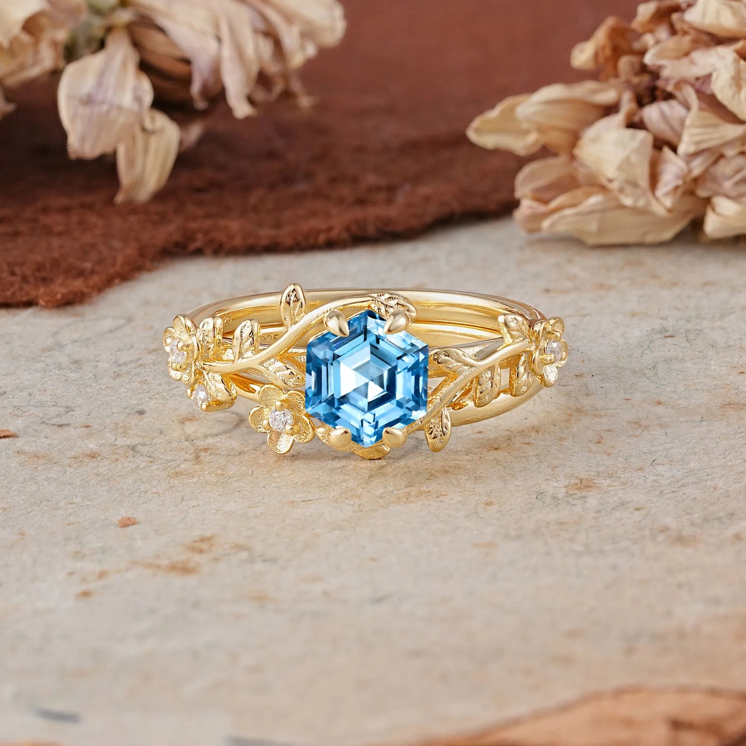 Naturalistic 4 - Prong Hexagon - Cut Aquamarine Bridal Ring Set