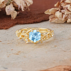 Naturalistic 4 - Prong Hexagon - Cut Natural Aquamarine Ring Sets