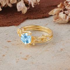 Naturalistic 4 - Prong Hexagon - Cut Natural Aquamarine Ring Sets