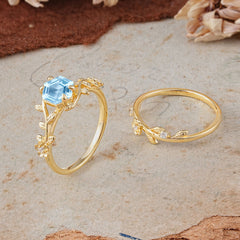 Naturalistic 4 - Prong Hexagon - Cut Natural Aquamarine Ring Sets