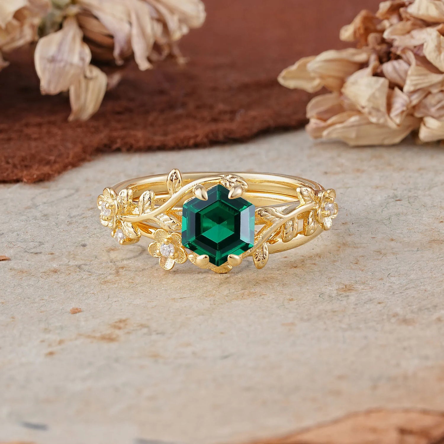 Naturalistic 4 - Prong Hexagon - Cut Emerald Bridal Ring Set
