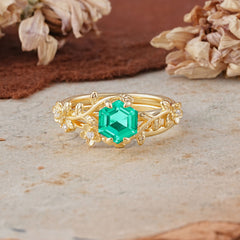 Naturalistic 4 - Prong Hexagon - Cut Emerald Ring Sets