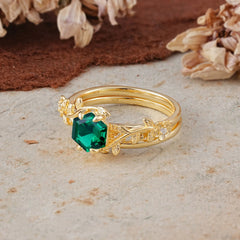 Naturalistic 4 - Prong Hexagon - Cut Emerald Ring Sets