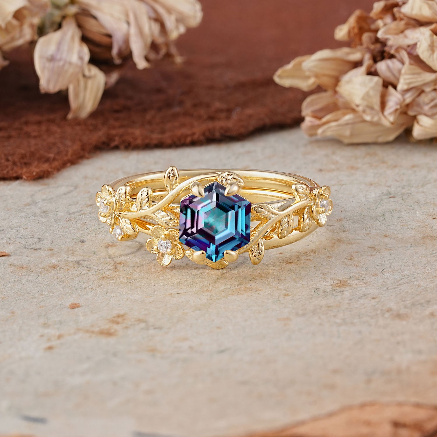 Naturalistic 4 - Prong Hexagon - Cut Alexandrite Bridal Ring Set