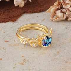 Naturalistic 4 - Prong Hexagon - Cut Natural Alexandrite Ring Sets