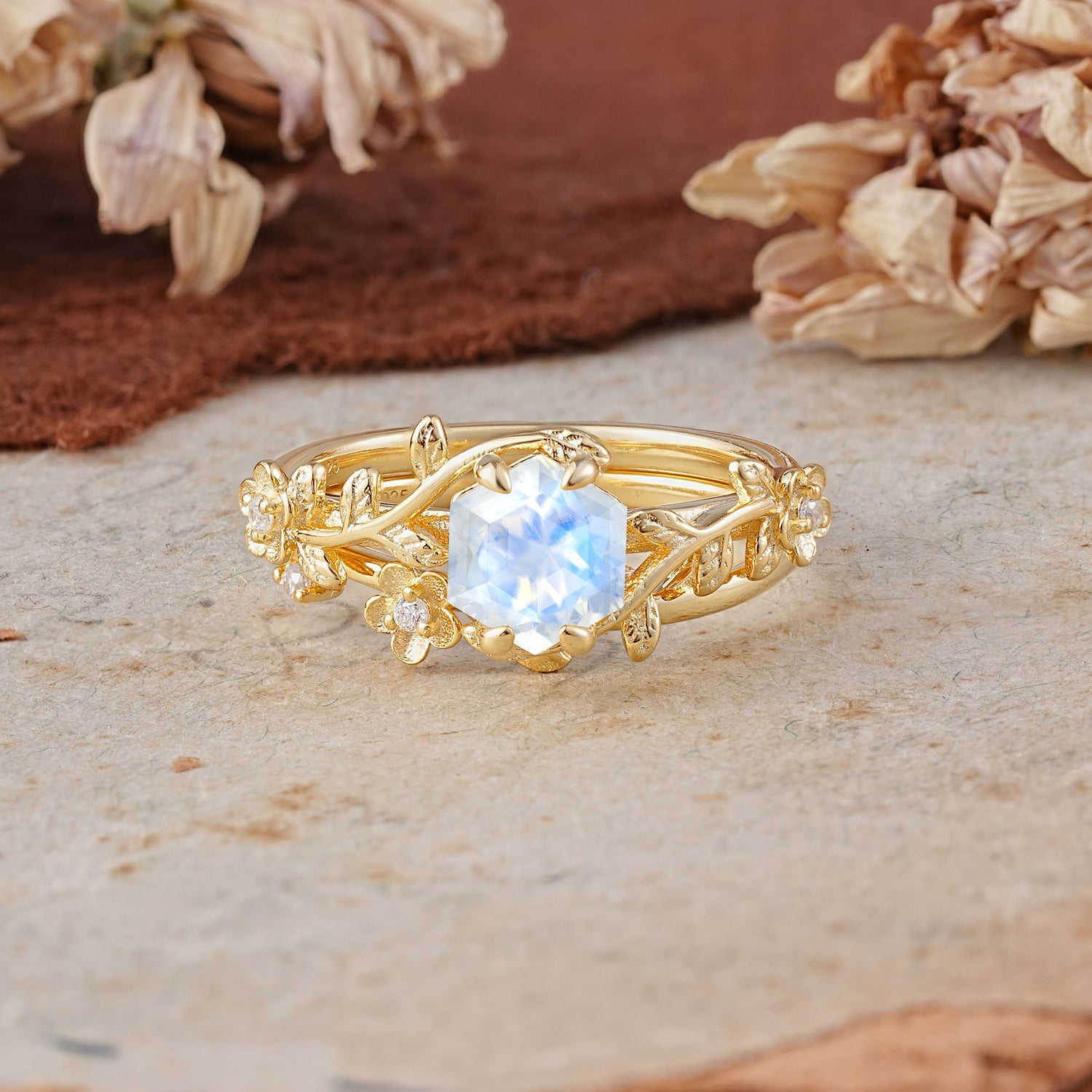 Naturalistic 4 - Prong Hexagon - Cut Moonstone Bridal Ring Set