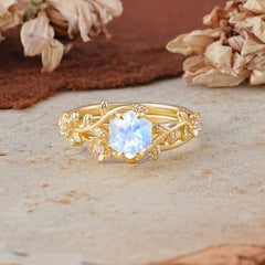 Naturalistic 4 - Prong Hexagon - Cut Moonstone Ring Sets