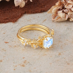 Naturalistic 4 - Prong Hexagon - Cut Moonstone Ring Sets