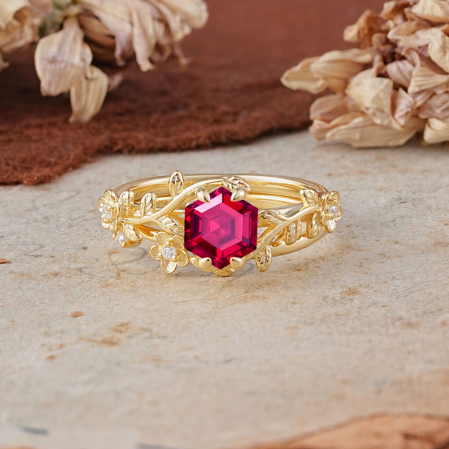 Naturalistic 4 - Prong Hexagon - Cut Ruby Bridal Ring Set