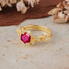 Naturalistic 4 - Prong Hexagon - Cut Natural Ruby Ring Sets