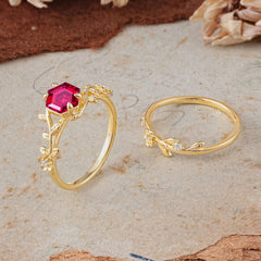 Naturalistic 4 - Prong Hexagon - Cut Natural Ruby Ring Sets