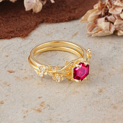 Naturalistic 4 - Prong Hexagon - Cut Natural Ruby Ring Sets