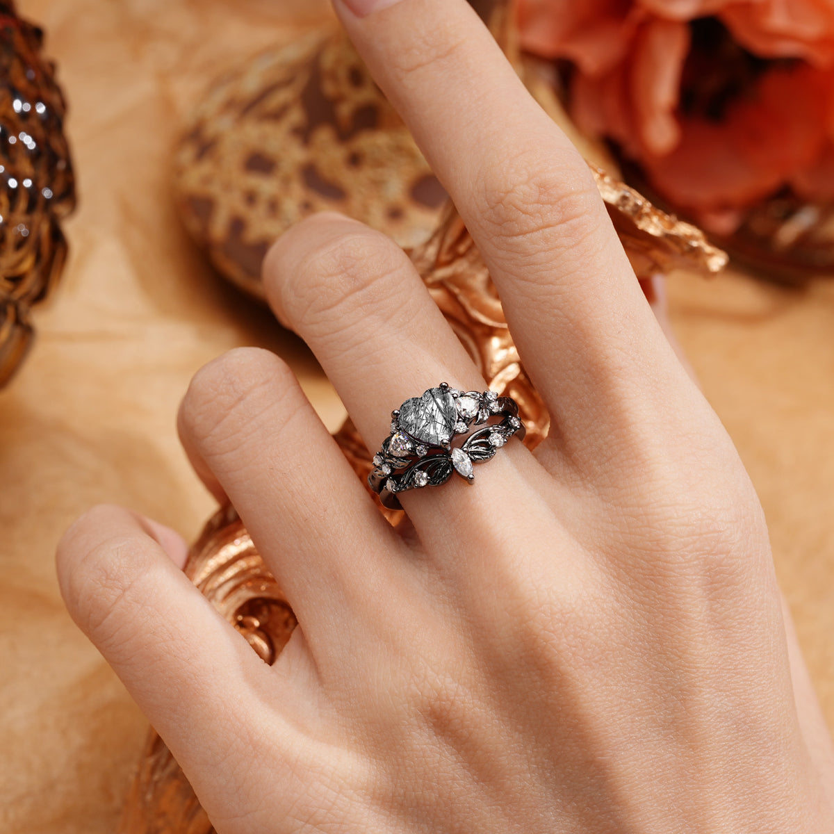 Halloween Exclusive Luxury Nature-Inspired Three-Prong Heart Cut Bridal Ring Set