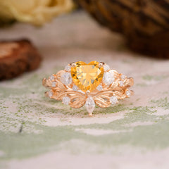 Nature - Inspired 3 - Prong Heart - Cut Natural Citrine Stackable Ring Set