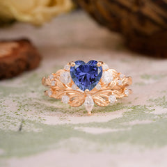 Nature - Inspired 3 - Prong Heart - Cut Natural Tanzanite Stackable Ring Set