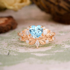 Nature - Inspired 3 - Prong Heart - Cut Aquamarine Stackable Ring Set