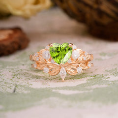 Nature - Inspired 3 - Prong Heart - Cut Natural Peridot Stackable Ring Set