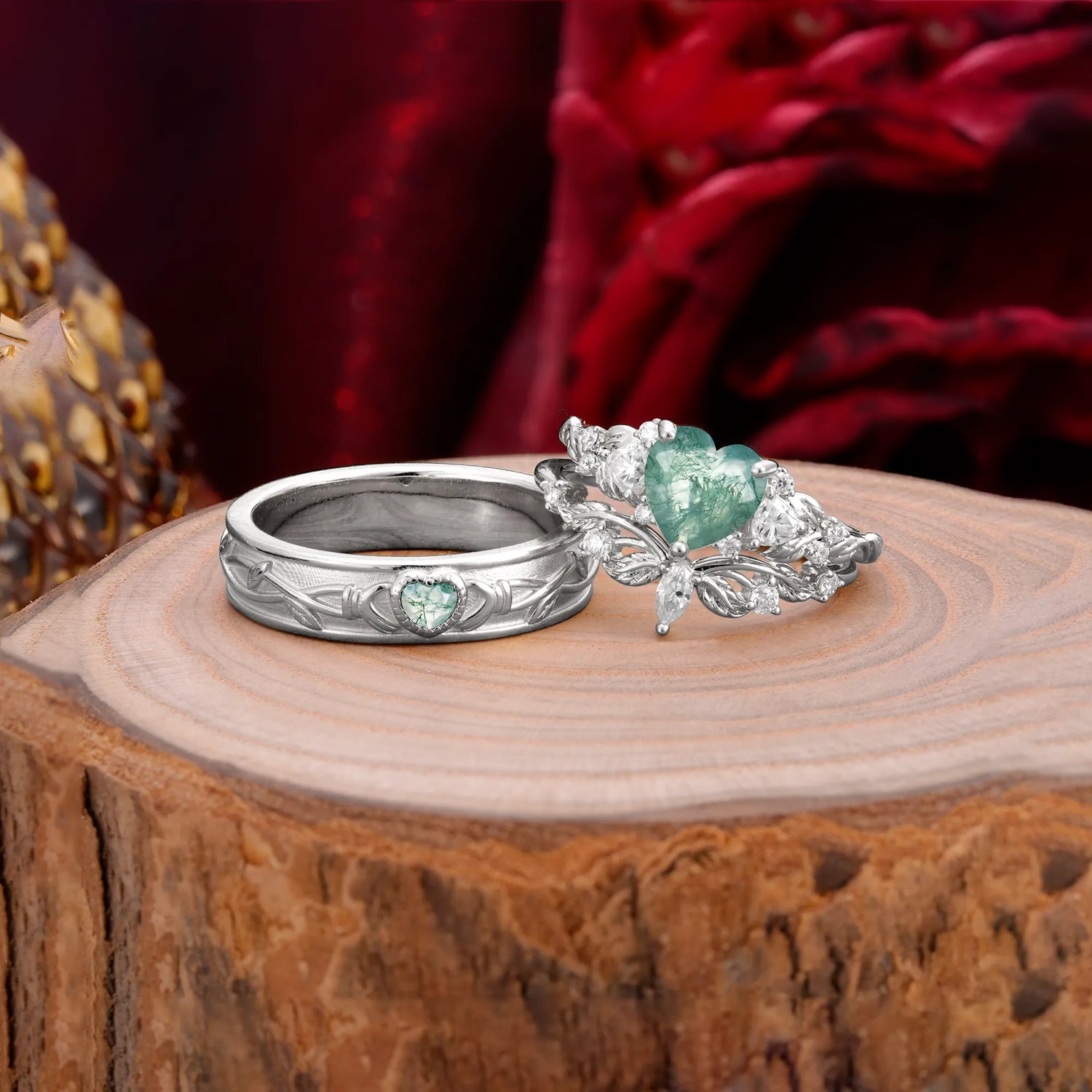 Vintage Floral Vine Heart Cut Moss Agate 3PCS His and Hers Bridal Ring Set