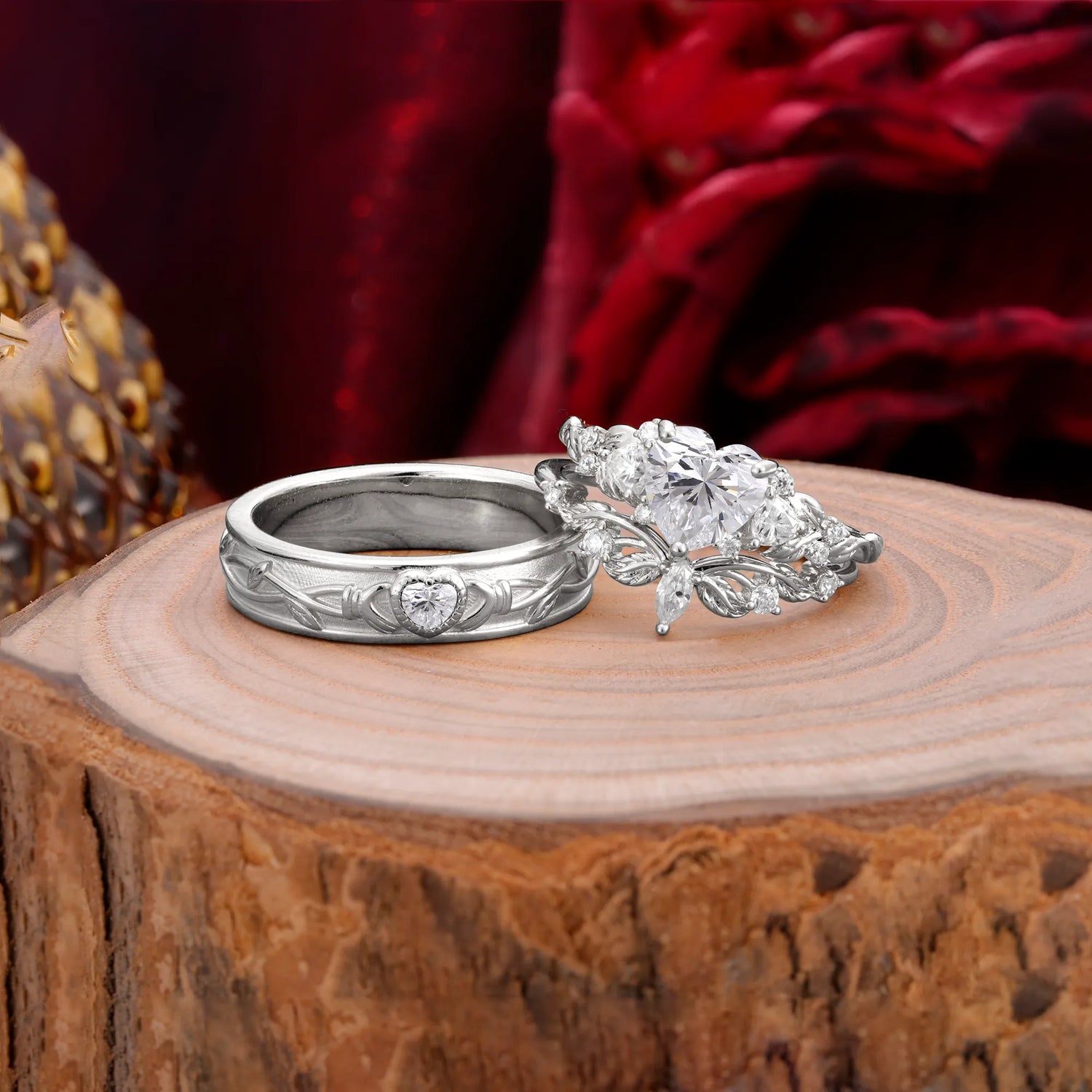 Vintage Floral Vine Heart Cut Lab Diamond Couple Wedding Ring Set