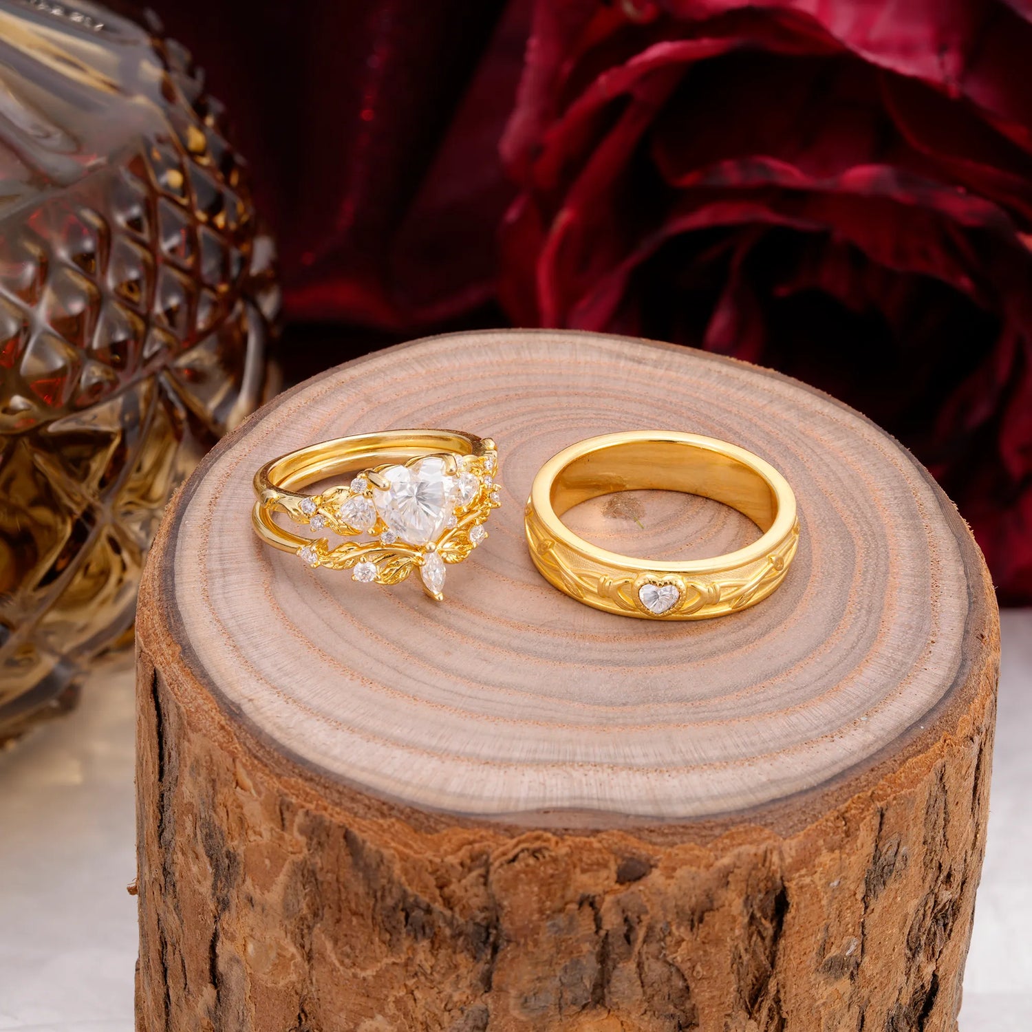 Vintage Floral Vine Heart Cut Moissanite 3PCS His and Hers Bridal Ring Set
