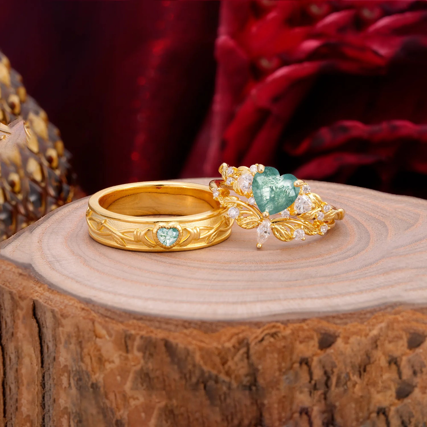 Vintage Floral Vine Heart Cut Moss Agate 3PCS His and Hers Bridal Ring Set