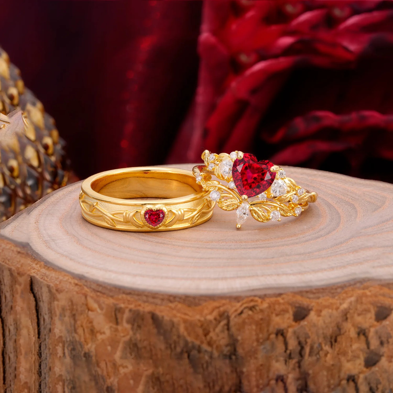 Vintage Floral Vine Heart Cut Ruby 3PCS His and Hers Bridal Ring Set