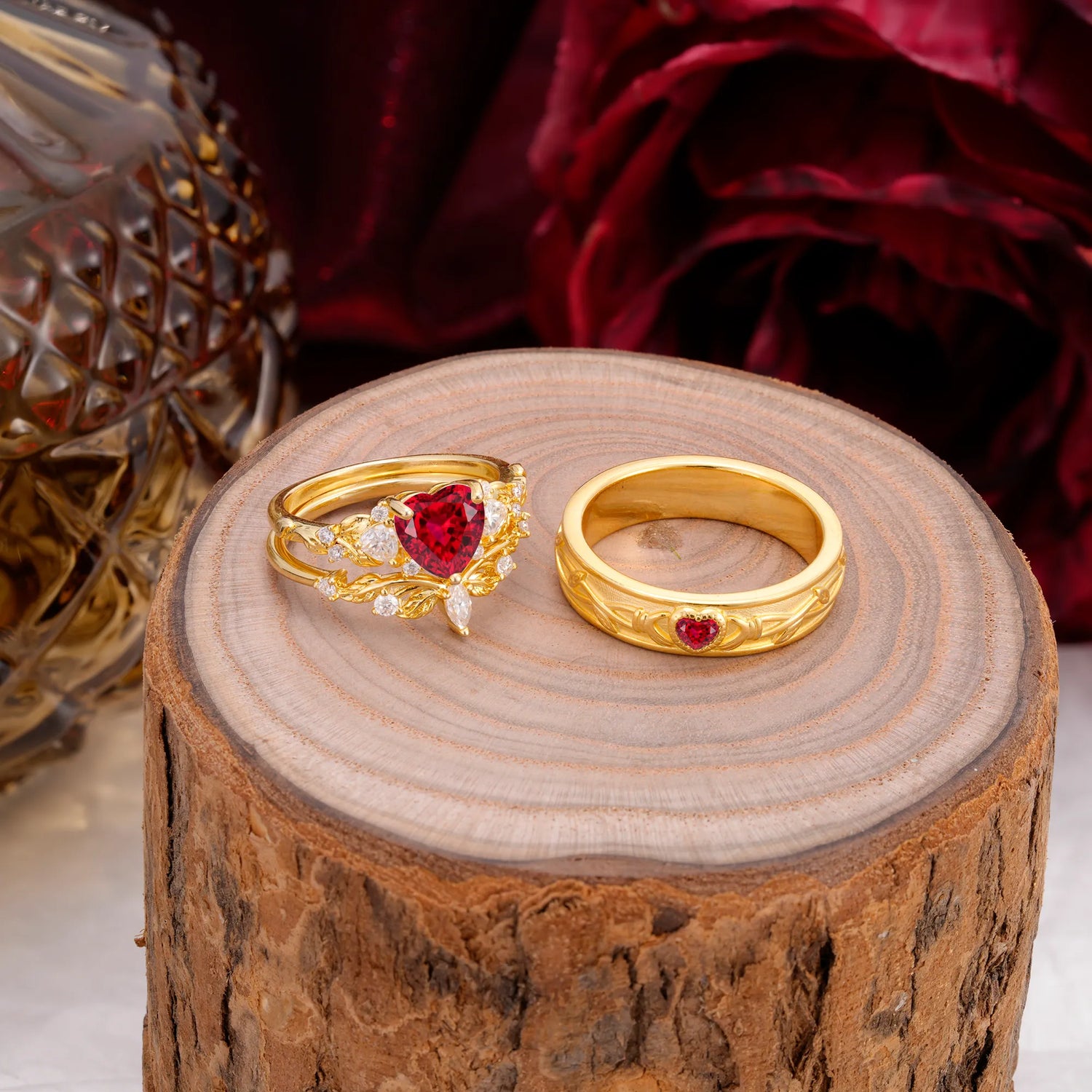 Vintage Floral Vine Heart Cut Ruby 3PCS His and Hers Bridal Ring Set