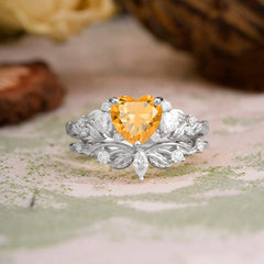 Nature - Inspired 3 - Prong Heart - Cut Natural Citrine Stackable Ring Set