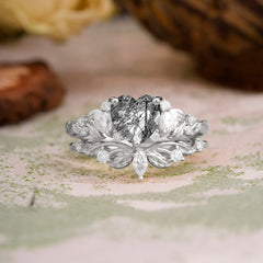 Nature - Inspired 3 - Prong Heart - Cut Natural Black Rutilated Quartz Stackable Ring Set