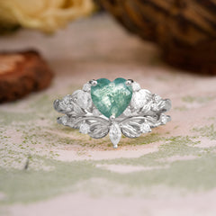 Nature - Inspired 3 - Prong Heart - Cut Natural Moss Agate Stackable Ring Set