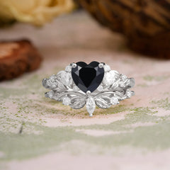 Nature - Inspired 3 - Prong Heart - Cut Natural Black Onyx Stackable Ring Set