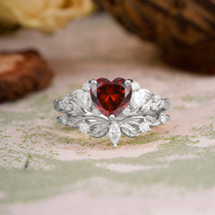 Nature - Inspired 3 - Prong Heart - Cut Garnet Stackable Ring Set