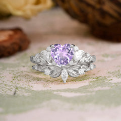 Nature - Inspired 3 - Prong Heart - Cut Natural Amethyst Stackable Ring Set