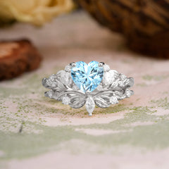 Nature - Inspired 3 - Prong Heart - Cut Aquamarine Stackable Ring Set