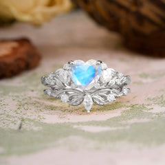 Nature - Inspired 3 - Prong Heart - Cut Natural Moonstone Stackable Ring Set