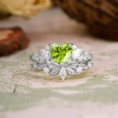 Nature - Inspired 3 - Prong Heart - Cut Natural Peridot Stackable Ring Set