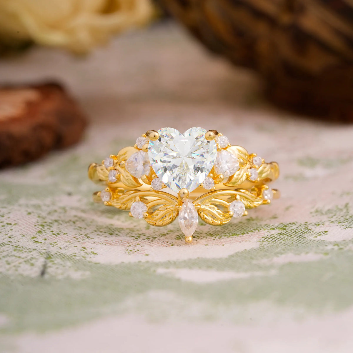 Nature - Inspired 3 - Prong Heart - Cut Moissanite Bridal Ring Set