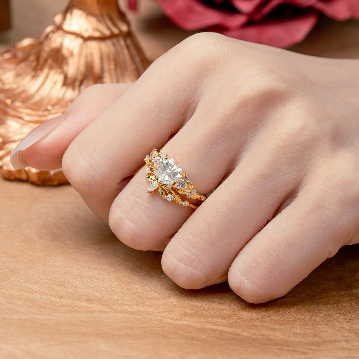 Nature - Inspired 3 - Prong Heart - Cut Moissanite Bridal Ring Set
