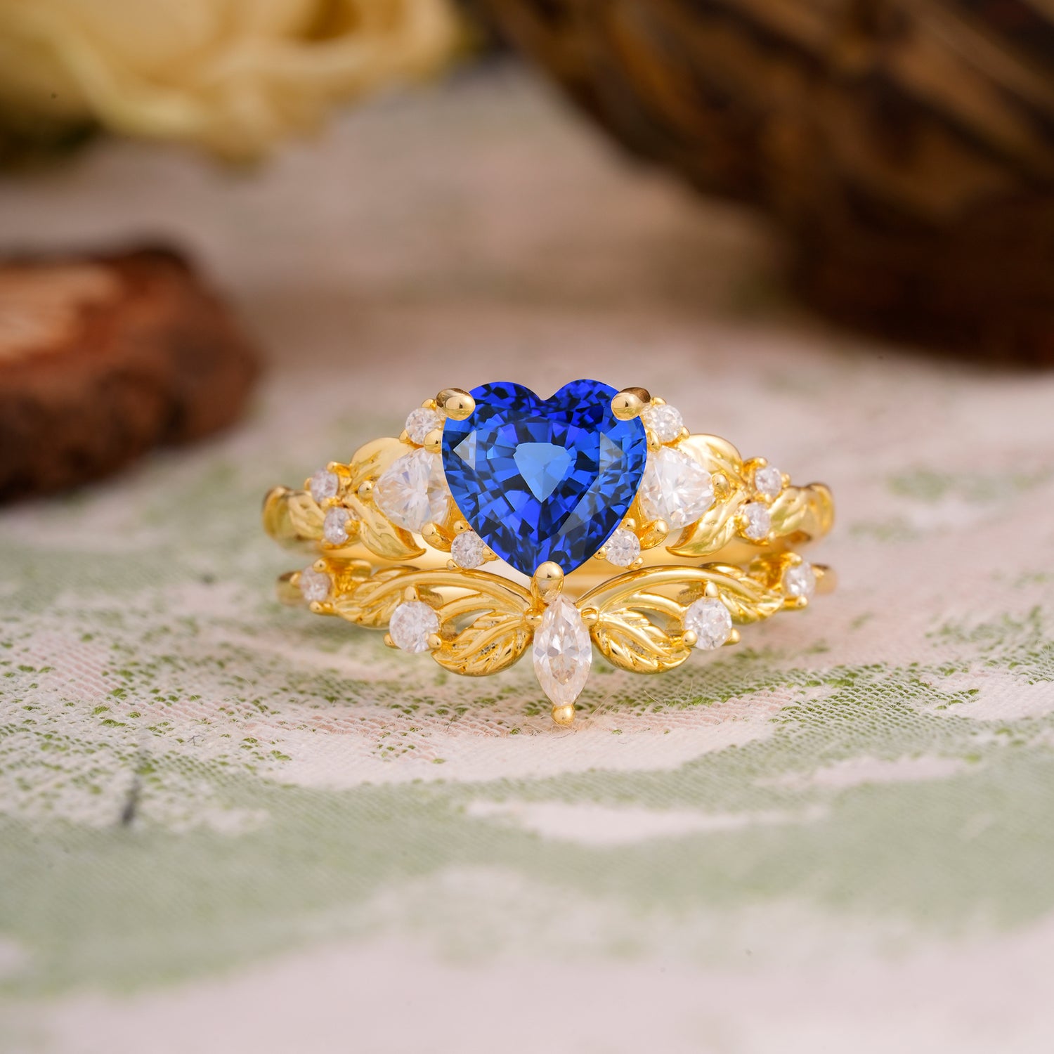 Nature - Inspired 3 - Prong Heart - Cut Sapphire Bridal Ring Set