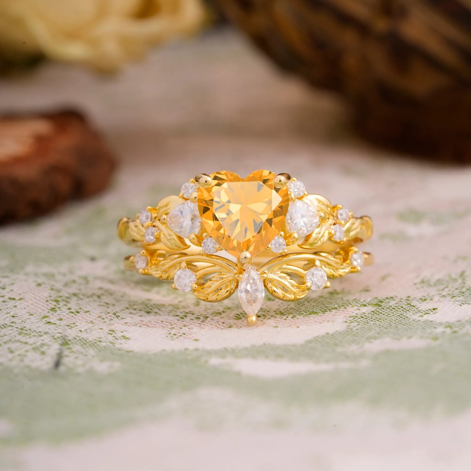 Nature - Inspired 3 - Prong Heart - Cut Natural Citrine Bridal Ring Set