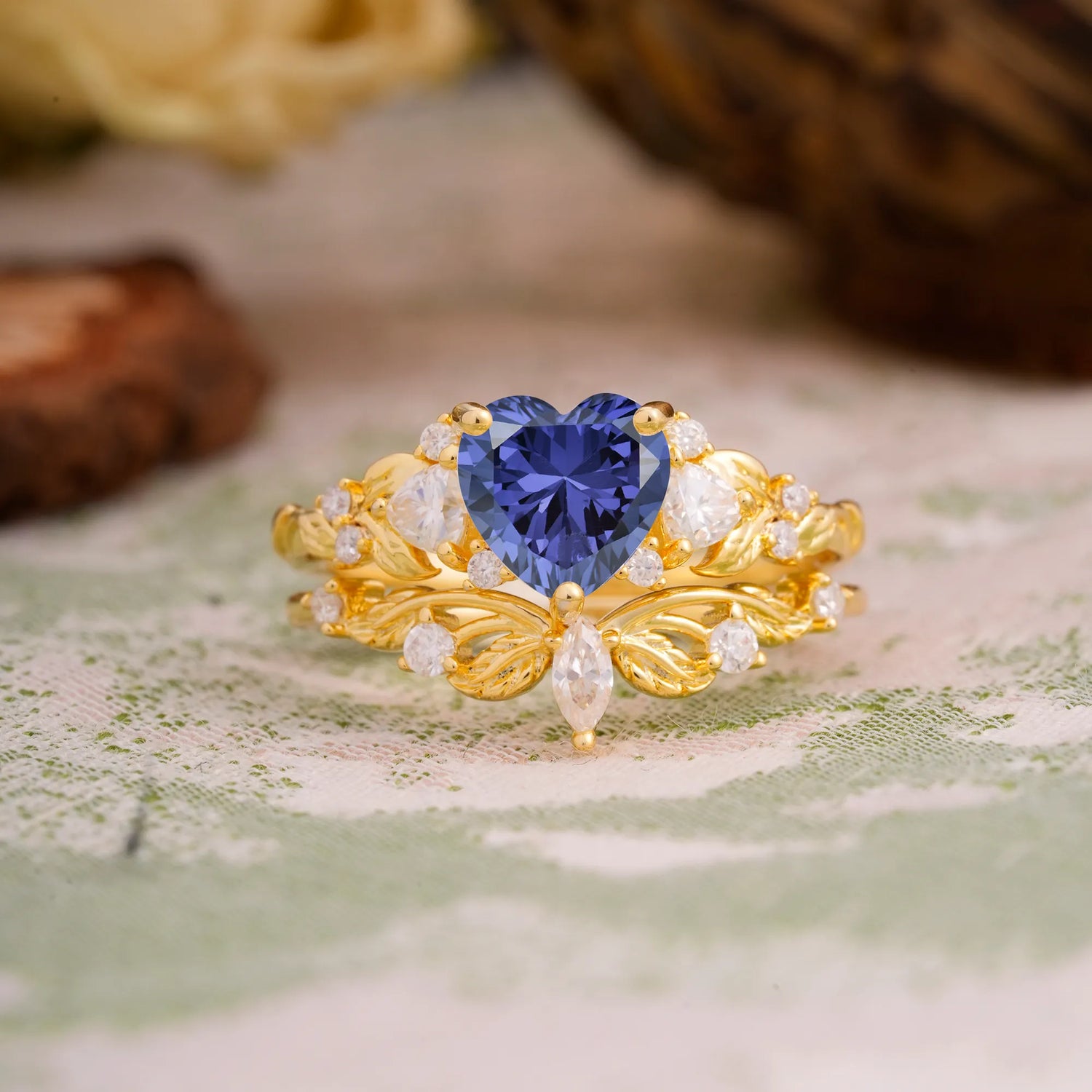 Nature - Inspired 3 - Prong Heart - Cut Natural Tanzanite Bridal Ring Set
