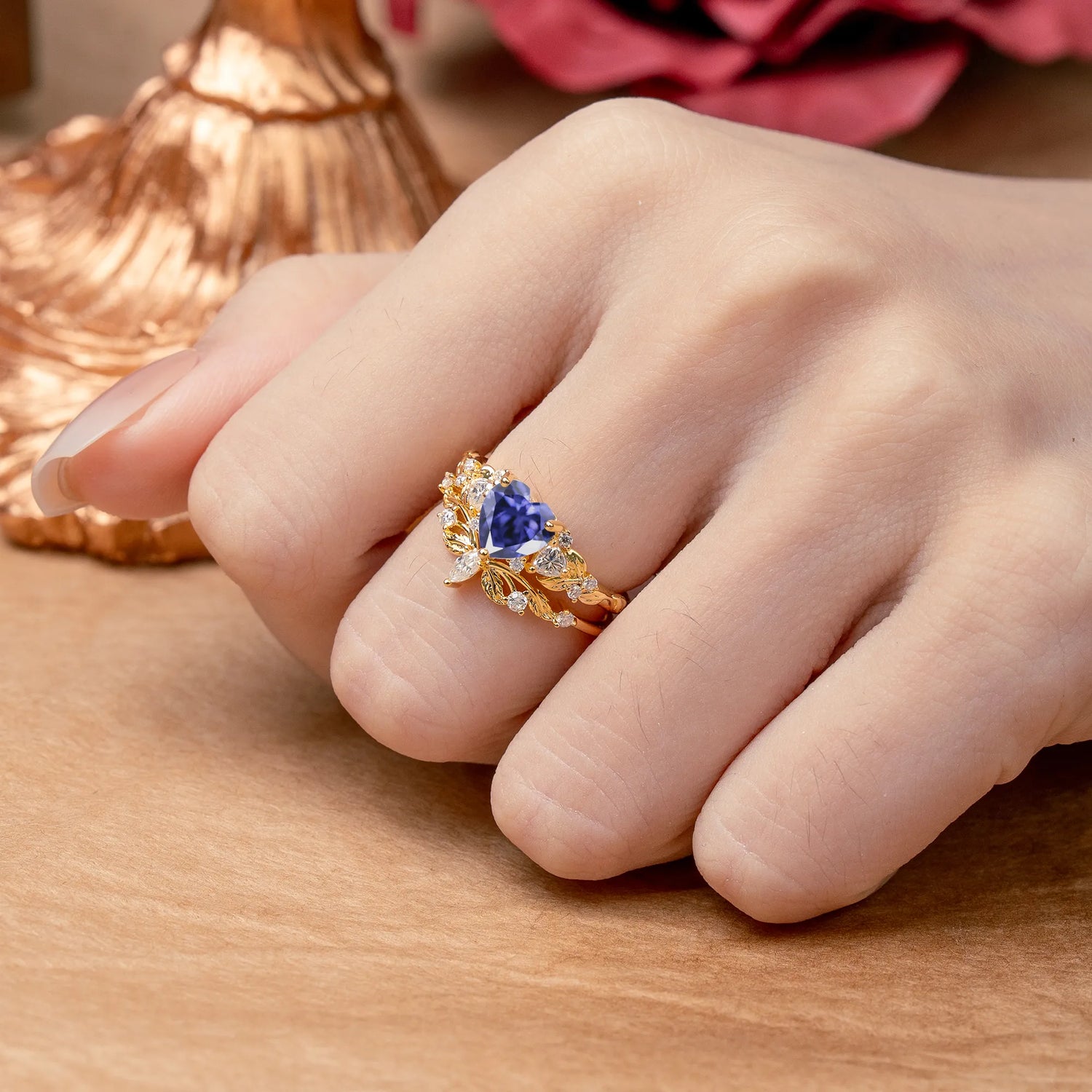 Nature - Inspired 3 - Prong Heart - Cut Natural Tanzanite Bridal Ring Set