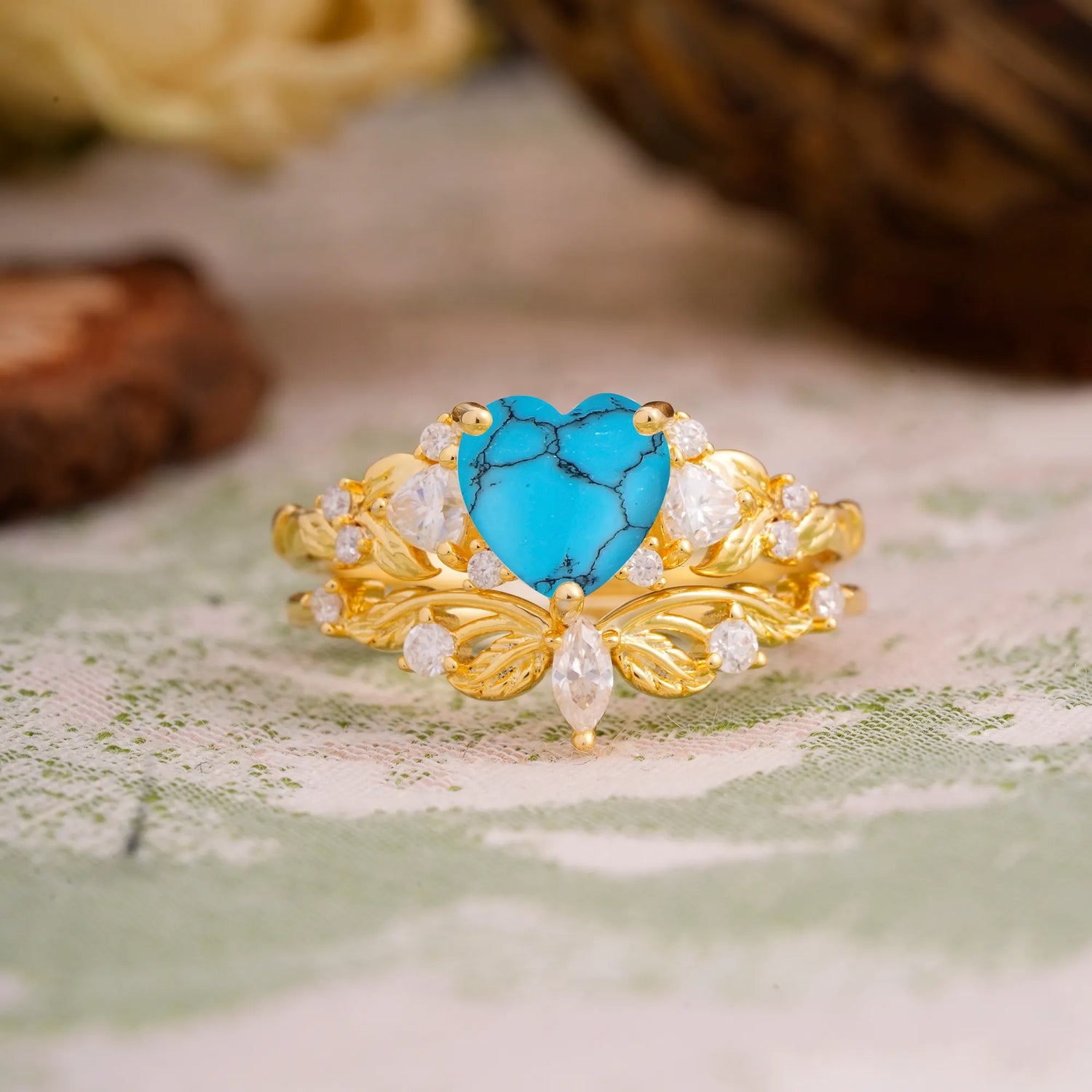 Nature - Inspired 3 - Prong Heart - Cut Turquoise Bridal Ring Set