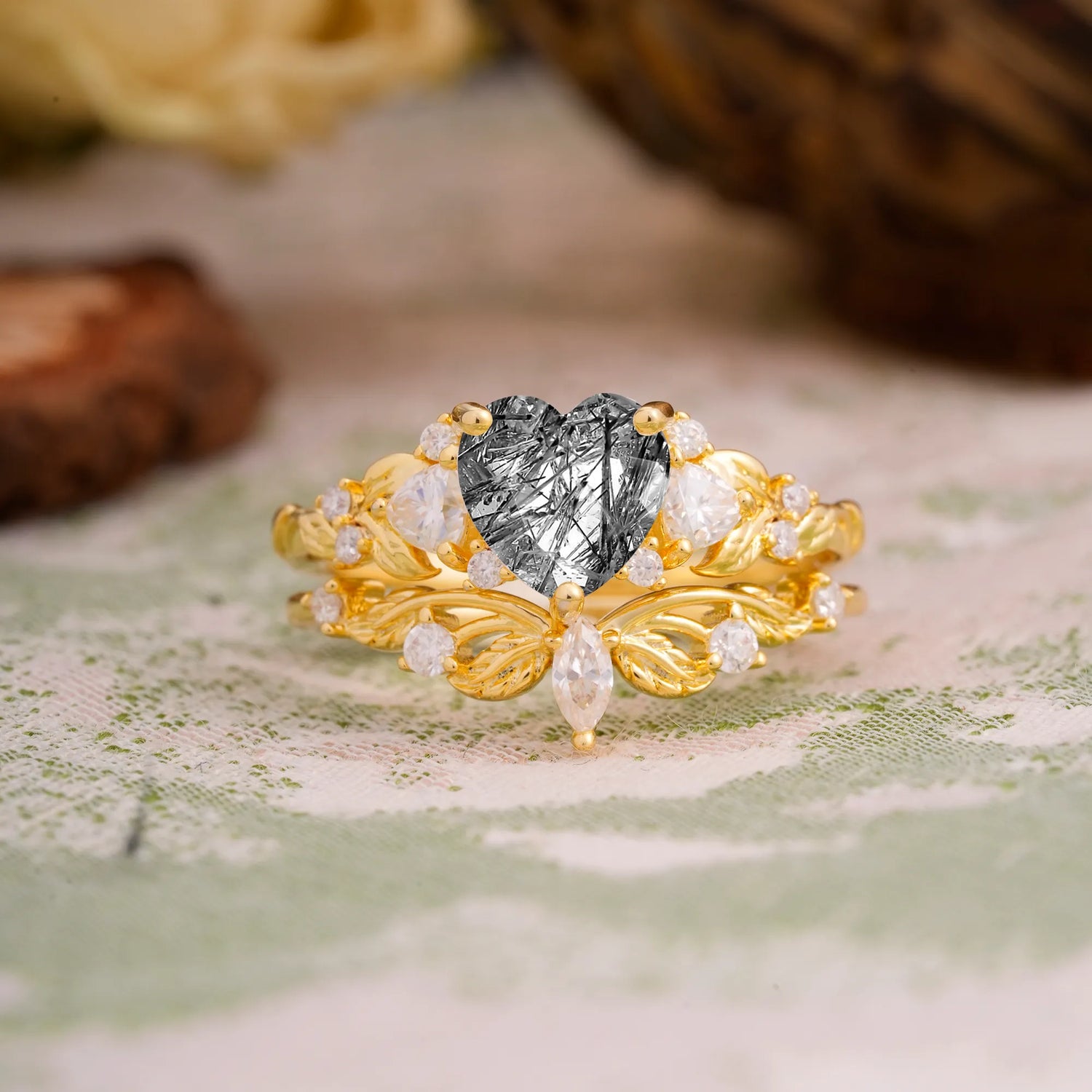 Nature - Inspired 3 - Prong Heart - Cut Natural Black Rutilated Quartz Bridal Ring Set