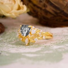 Nature - Inspired 3 - Prong Heart - Cut Natural Black Rutilated Quartz Stackable Ring Set