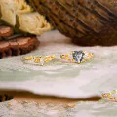 Nature - Inspired 3 - Prong Heart - Cut Natural Black Rutilated Quartz Stackable Ring Set