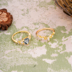 Nature - Inspired 3 - Prong Heart - Cut Natural Black Rutilated Quartz Stackable Ring Set