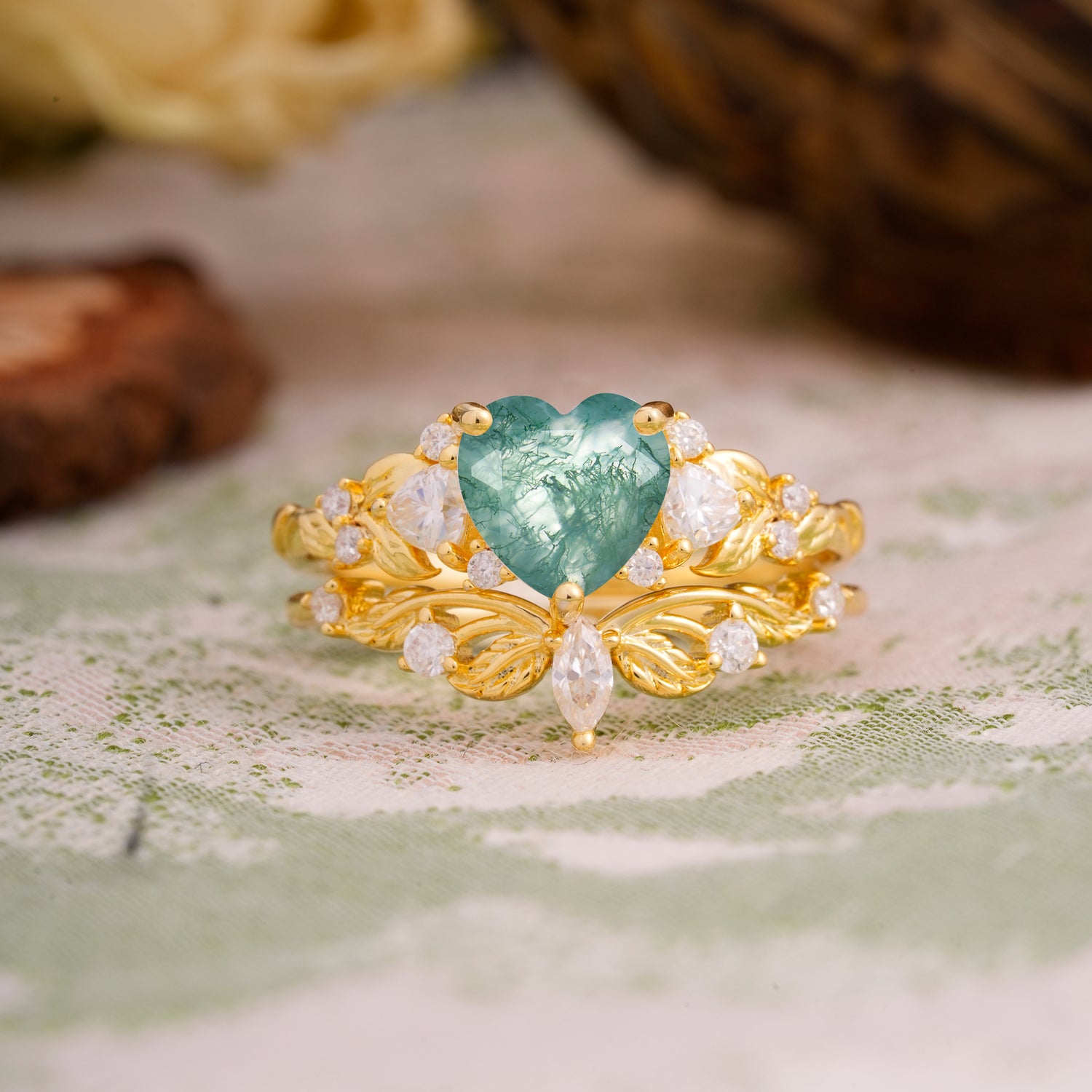 Nature - Inspired 3 - Prong Heart - Cut Natural Moss Agate Bridal Ring Set