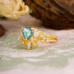Nature - Inspired 3 - Prong Heart - Cut Natural Moss Agate Stackable Ring Set